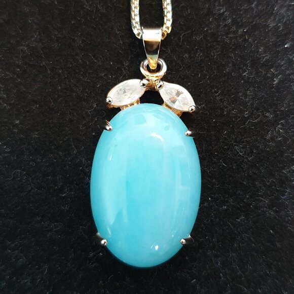 18K Gold Plated Amazonite Cabochon White Crystal Pendant 925 Silver Necklace - Picture 1 of 11